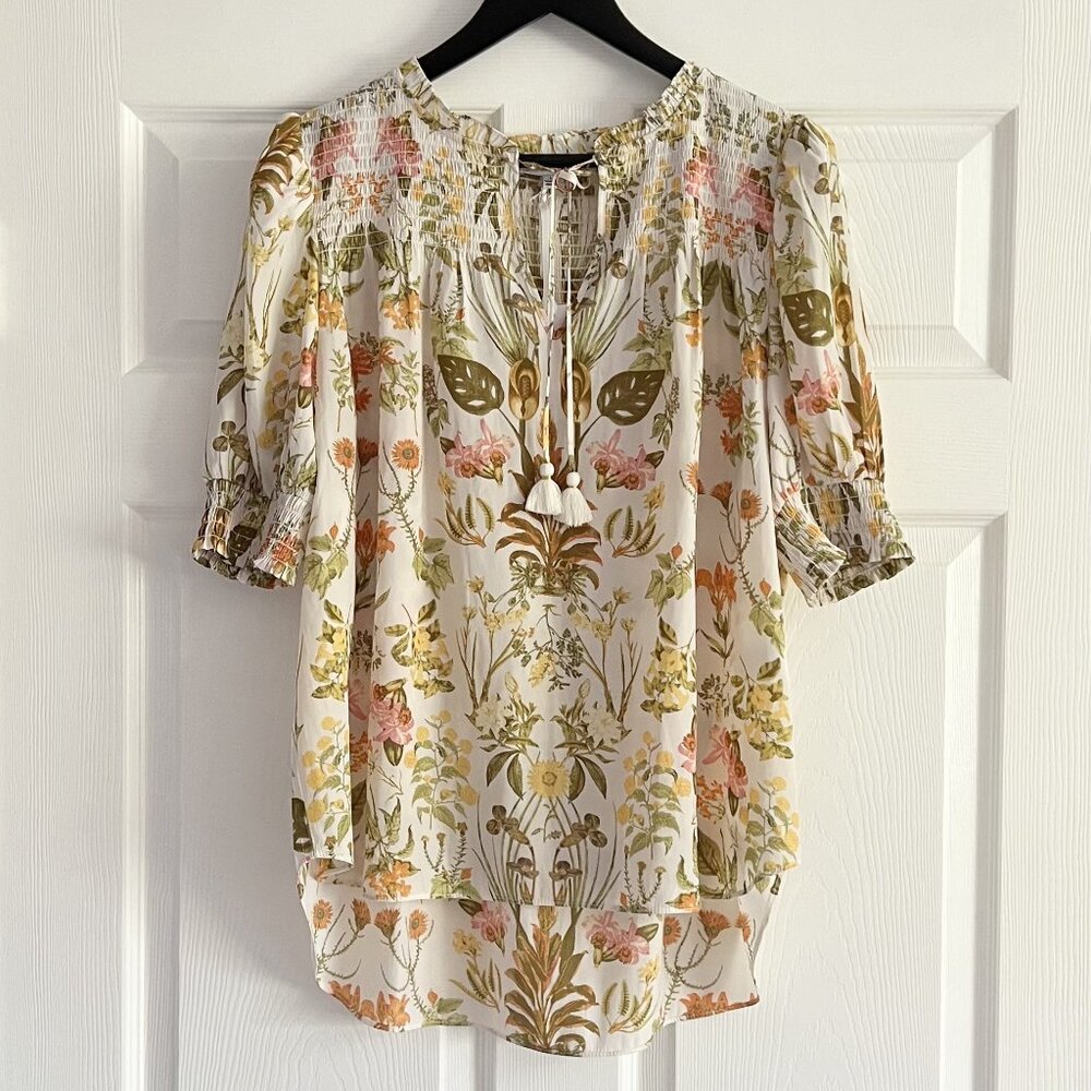 Rose + Olive blouse boho peasant floral tunic top half Sleeve Smocked size L NWT
